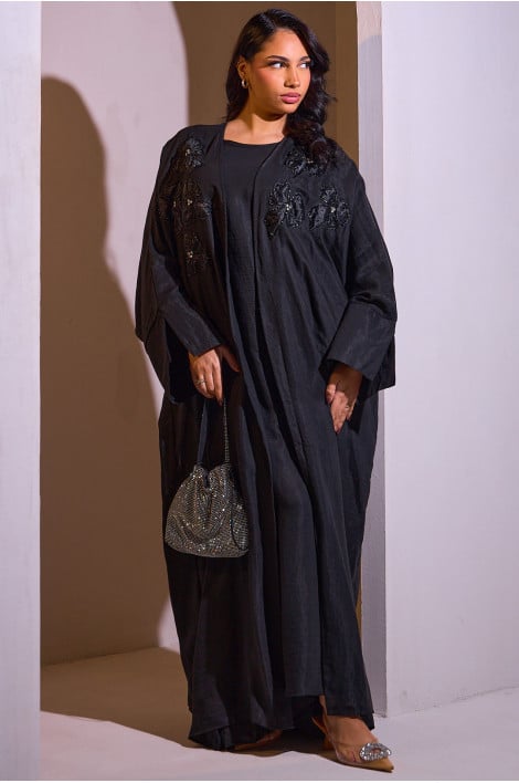 Ensemble 2 pièces abaya + kimono noir à grosses fleurs