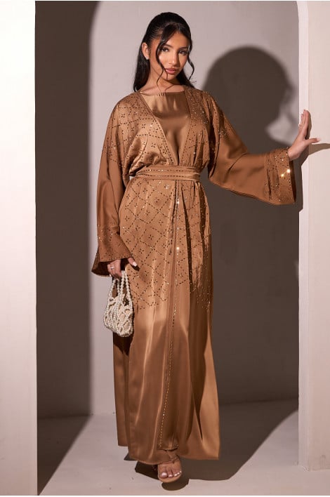 Ensemble 2 pièces abaya + kimono noir à sequins camel + voile