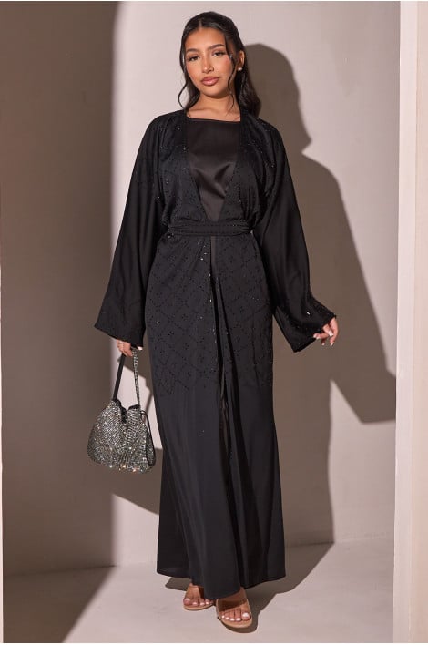 Ensemble 2 pièces abaya + kimono noir à sequins noirs + voile