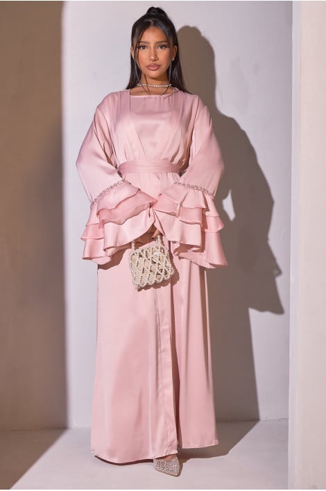 Ensemble 2 pièces abaya + kimono rose avec empiècement sur les manches