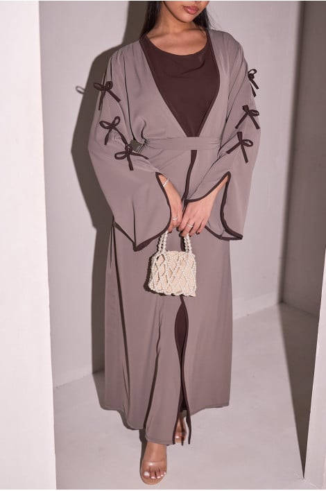 Ensemble 2 pièces abaya marron + kimono taupe