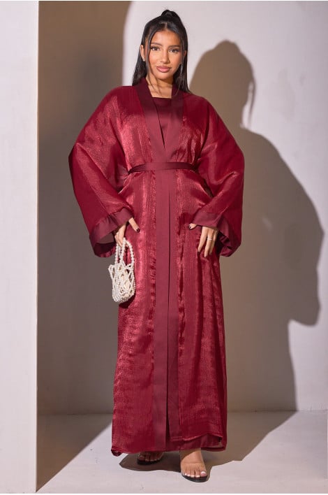 Ensemble 2 pièces abaya rouge + kimono en voile satiné