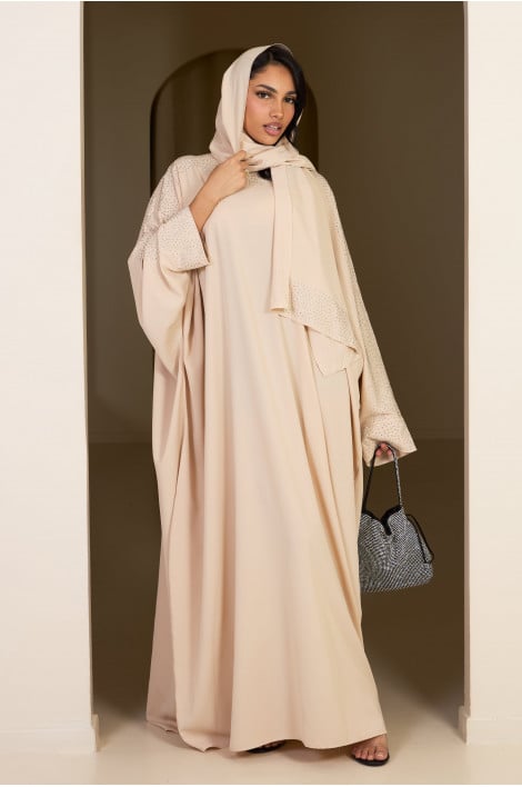 Ensemble 2 pièces abaya + voile beige à strass