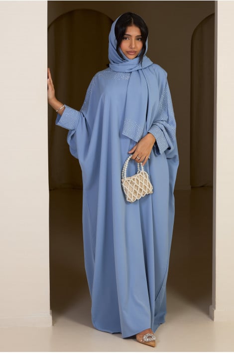Ensemble 2 pièces abaya + voile bleu à strass