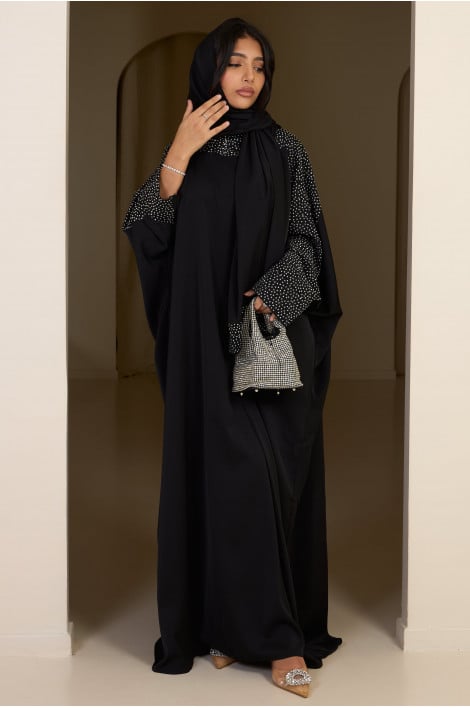 Ensemble 2 pièces abaya + voile noir à strass