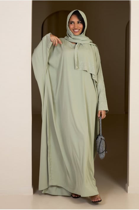 Ensemble 2 pièces abaya + voile vert à strass