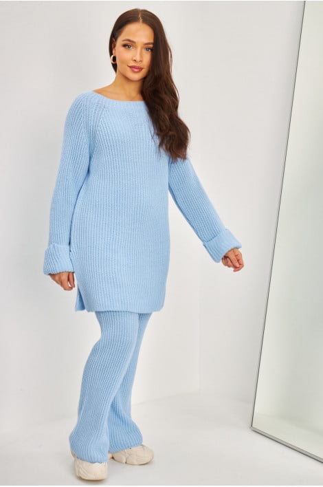 Ensemble 2 pièces pull long + pantalon en grosses mailles bleu clair
