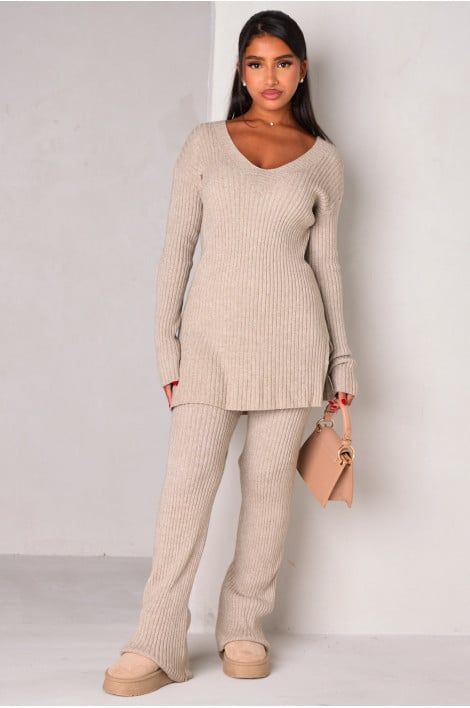 Ensemble 2 pièces pull + pantalon côtelé beige