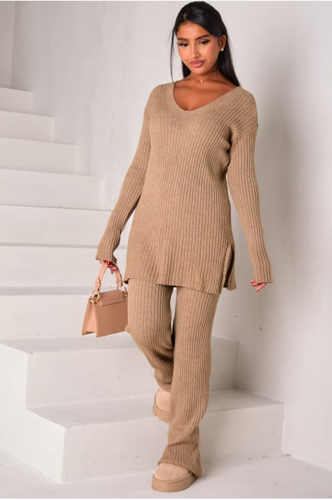 Ensemble 2 pièces pull + pantalon côtelé camel