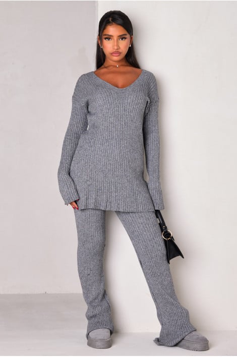 Ensemble 2 pièces pull + pantalon côtelé gris foncé