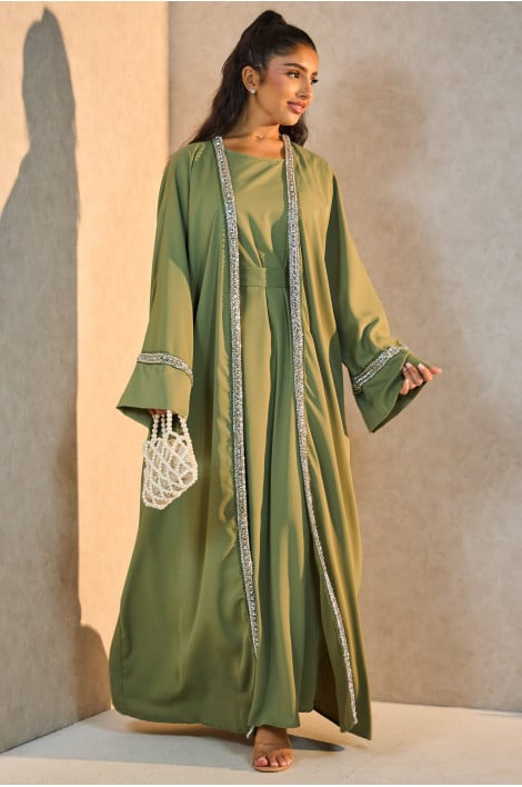 Ensemble 3 pièces abaya + gilet + voile à perles kaki