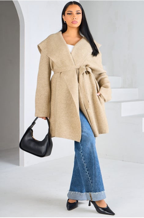 Gilet beige foncé en laine à capuche