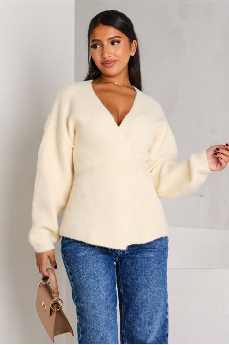 Gilet beige texturée en laine et ceinturé