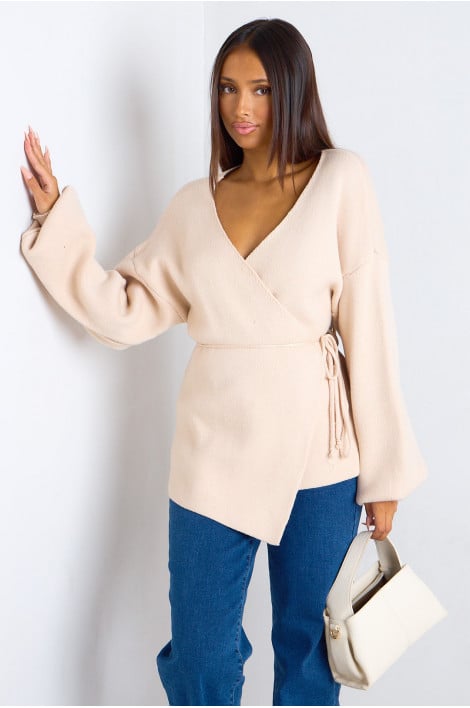 Gilet cache-cœur beige à nouer