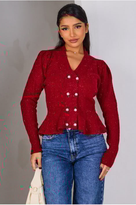 Gilet court bordeaux à paillettes et boutons