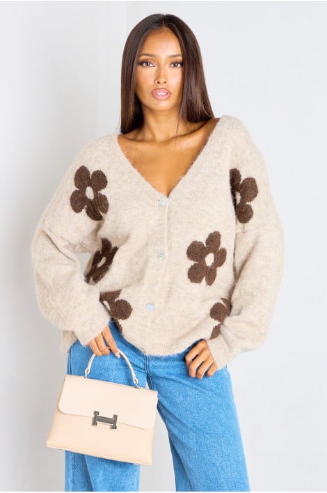 Gilet court en laine beige motif fleurs