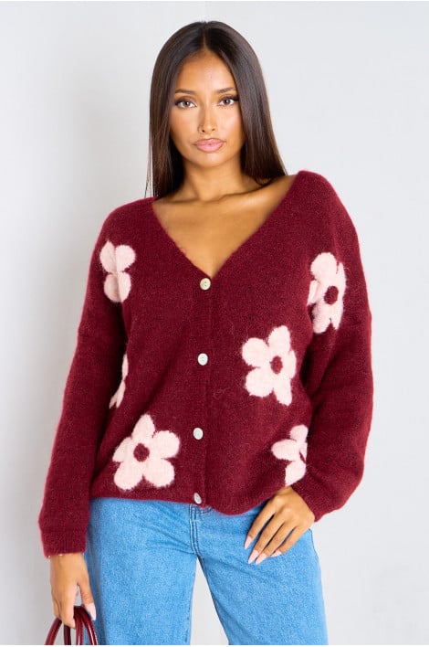 Gilet court en laine bordeaux motif fleurs