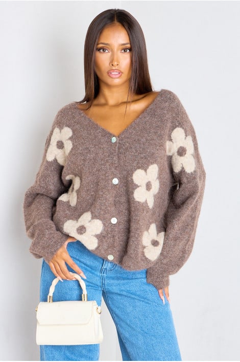 Gilet court en laine marron motif fleurs