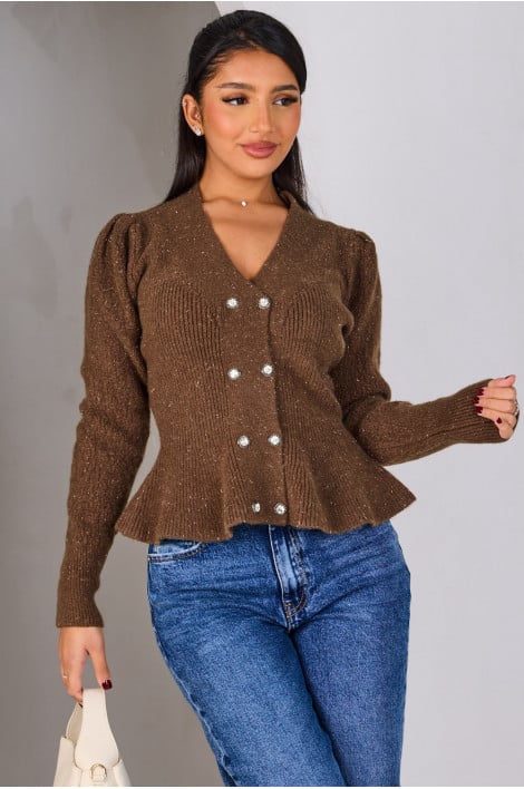 Gilet court marron à paillettes et boutons