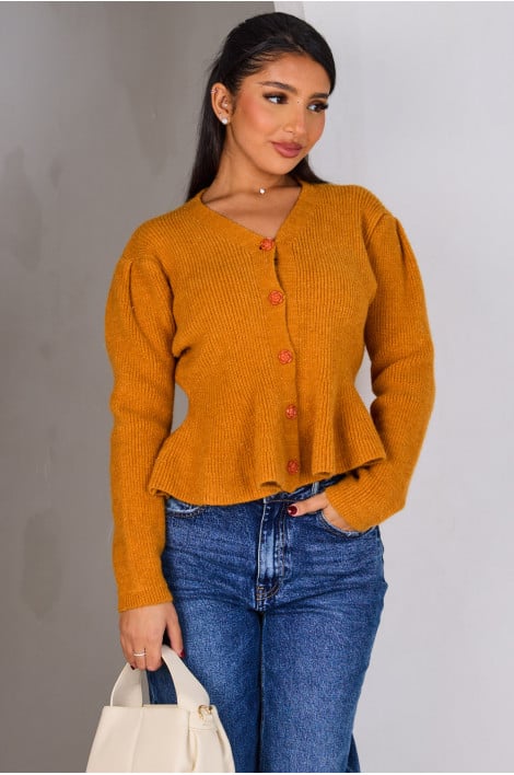 Gilet court moutarde à paillettes et boutons fleurs