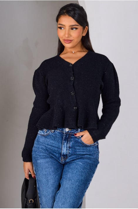 Gilet court noir à paillettes et boutons fleurs