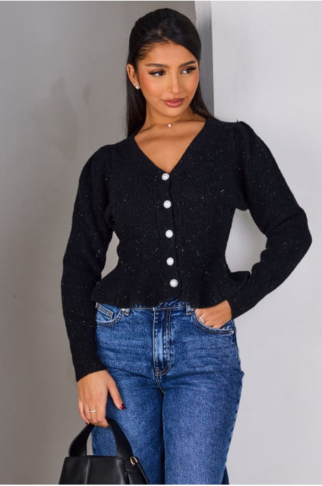Gilet court noir à paillettes et boutons perles