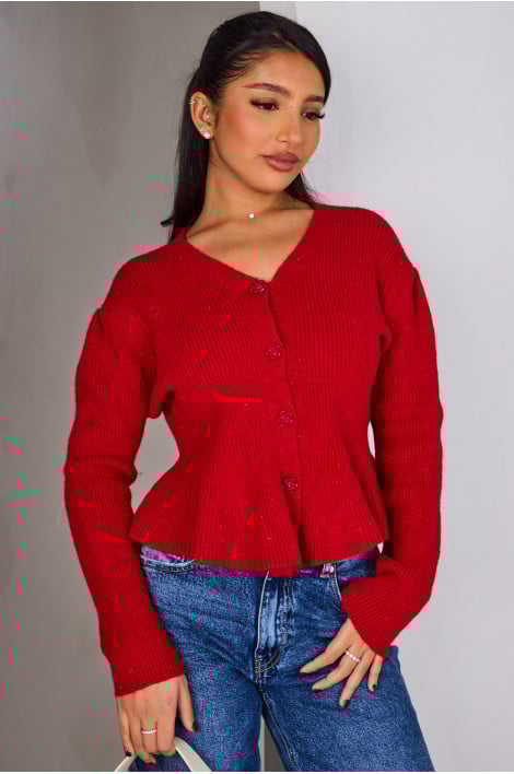Gilet court rouge à paillettes et boutons fleurs