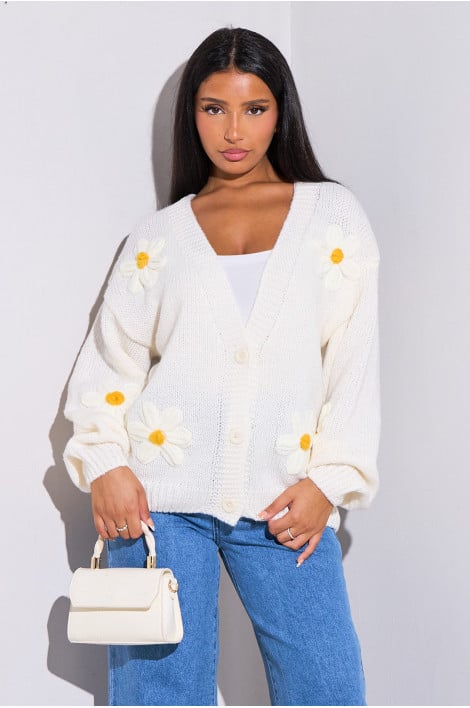 Gilet en laine blanc brodé fleurs