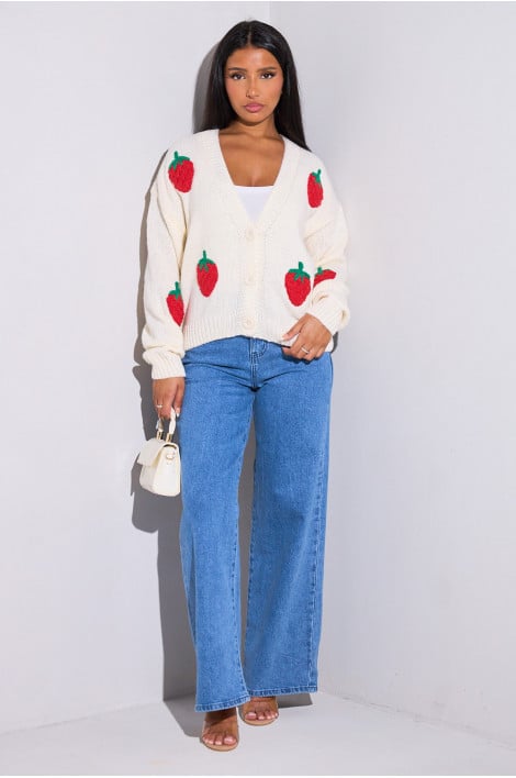 Gilet en laine blanche brodé fraises