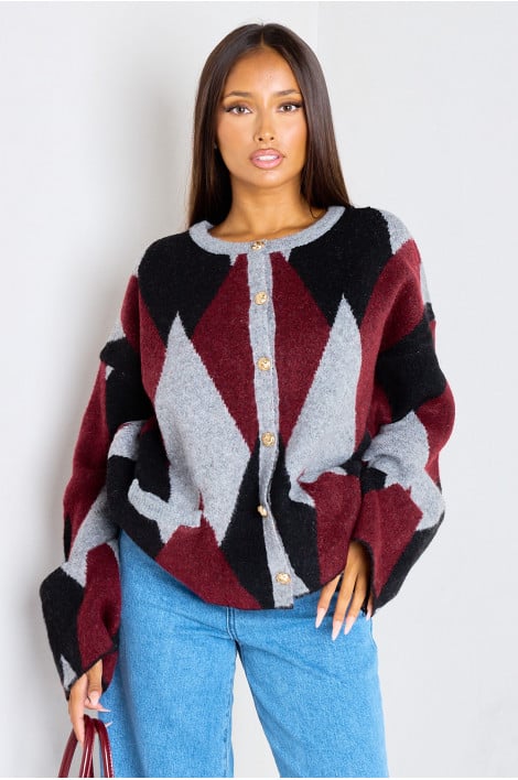 Gilet en laine bordeaux à motifs géométriques et boutons dorés