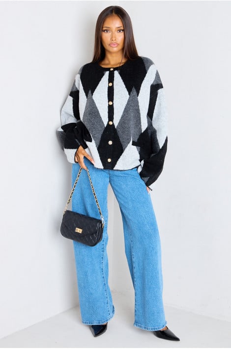 Gilet en laine gris à motifs géométriques et boutons dorés