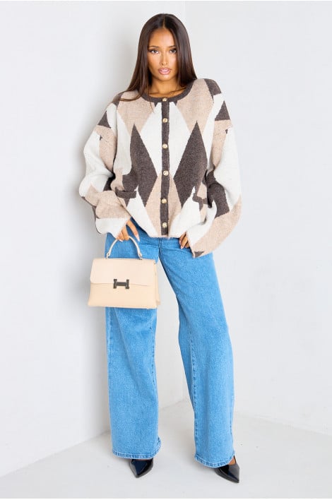 Gilet en laine marron à motifs géométriques et boutons dorés