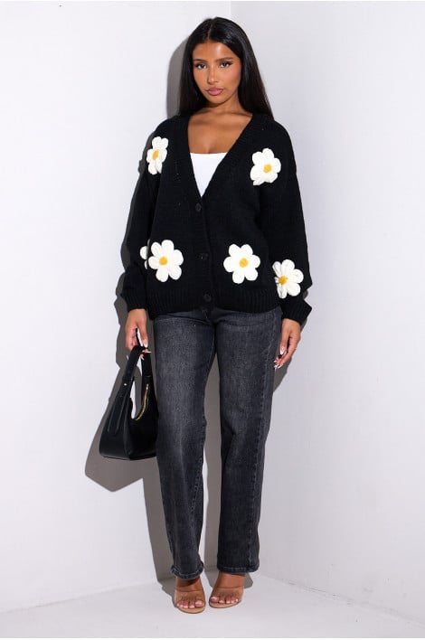 Gilet en laine noir brodé fleurs