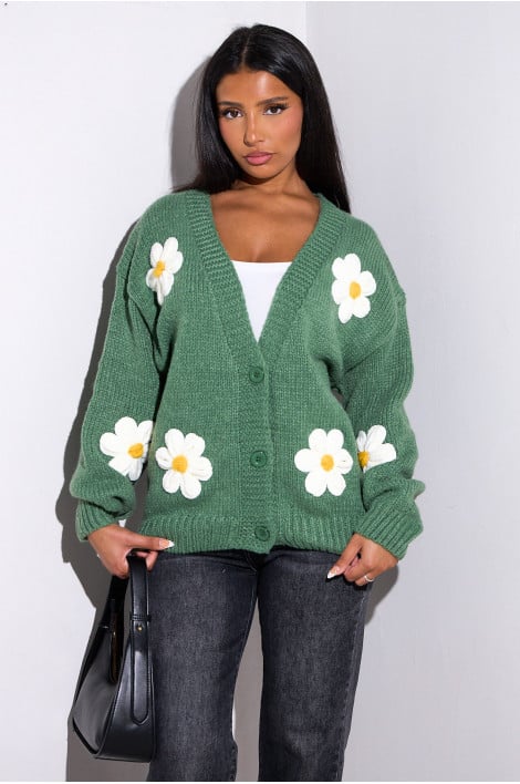 Gilet en laine vert brodé fleurs