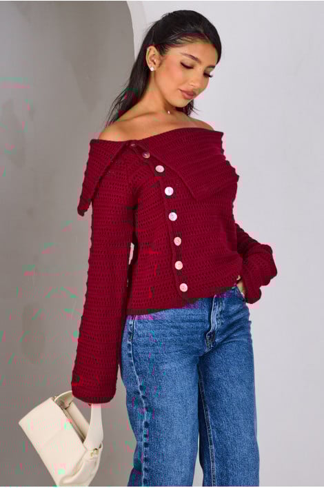Gilet en maille bordeaux à col bardot
