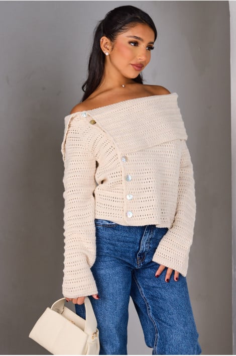 Gilet en maille écru à col bardot