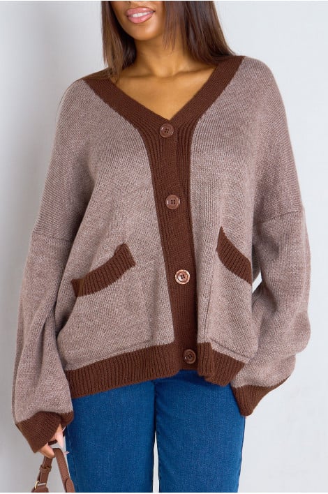 Gilet en maille épaisse taupe à col marron