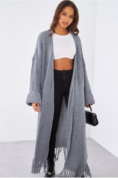 Gilet en maille gris à franges ceinturé