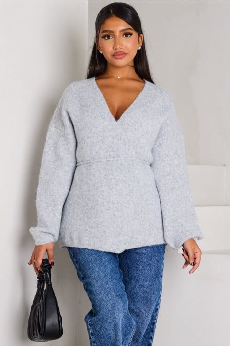 Gilet gris clair texturée en laine et ceinturé