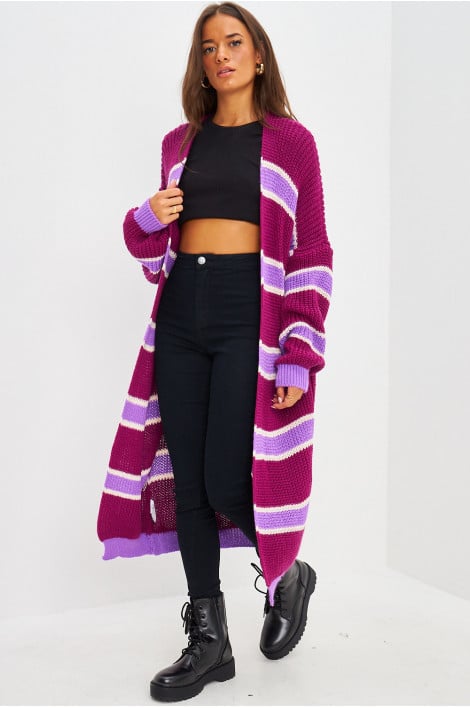 Gilet long aubergine en mailles à bandes violettes