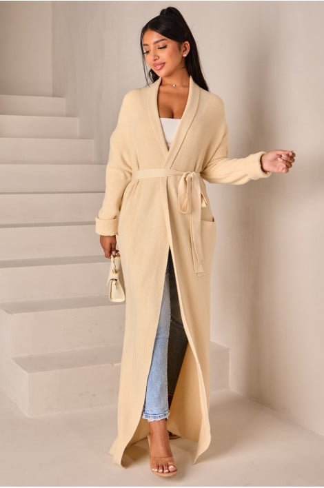Gilet long côtelé et ceinturé beige