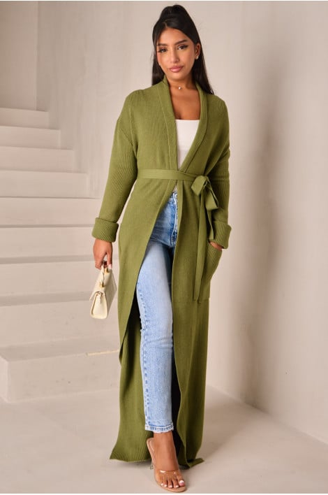 Gilet long côtelé et ceinturé vert