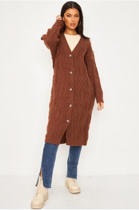 Gilet long en laine et maille marron