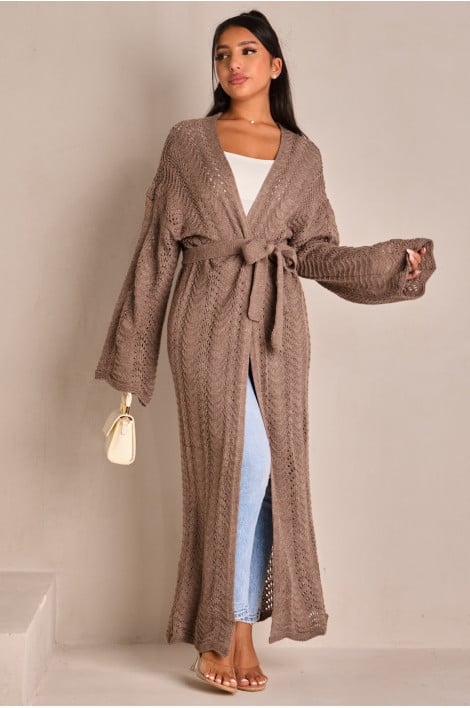 Gilet long en maille ajourée et ceinturé taupe