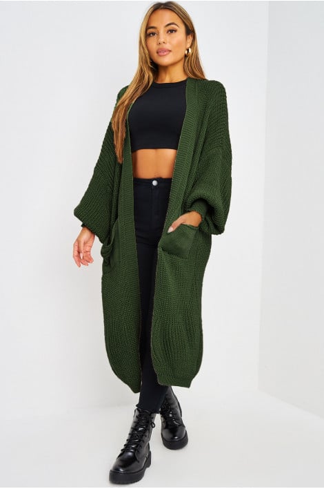 Gilet long kaki en grosses mailles