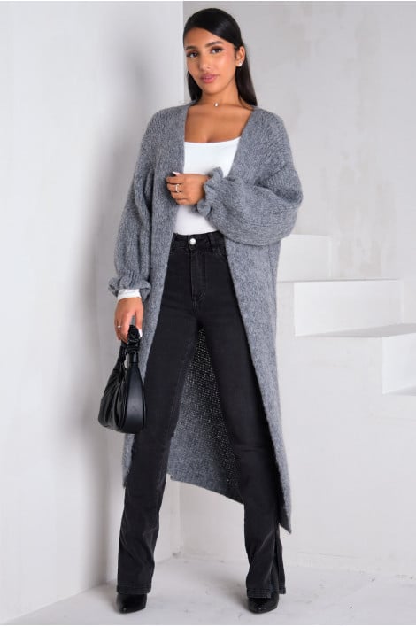 Gilet long ouvert en laine gris foncé