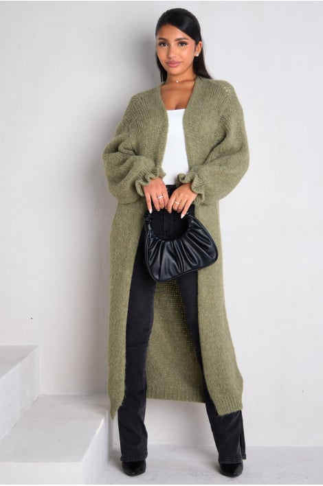 Gilet long ouvert en laine kaki