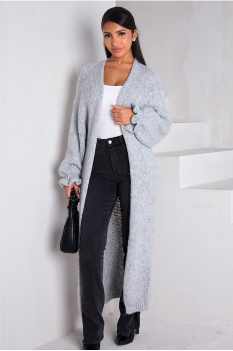 Gilet long ouvert en laine gris