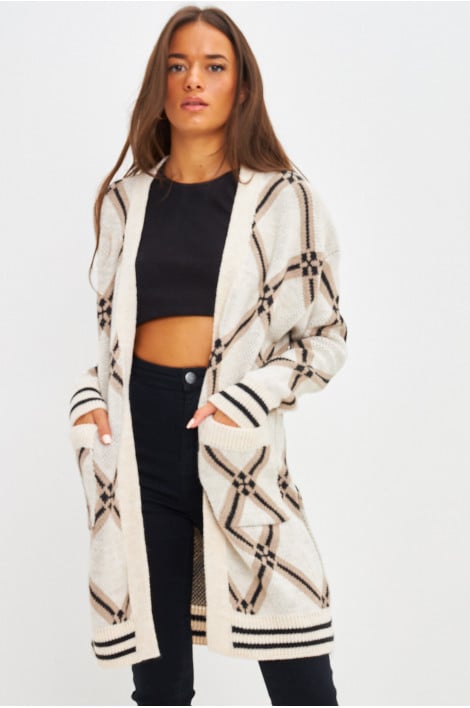 Gilet mi-long en mailles à motif losange beige