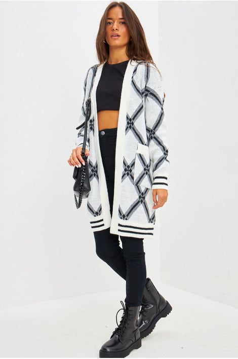 Gilet mi-long en mailles à motif losange blanc